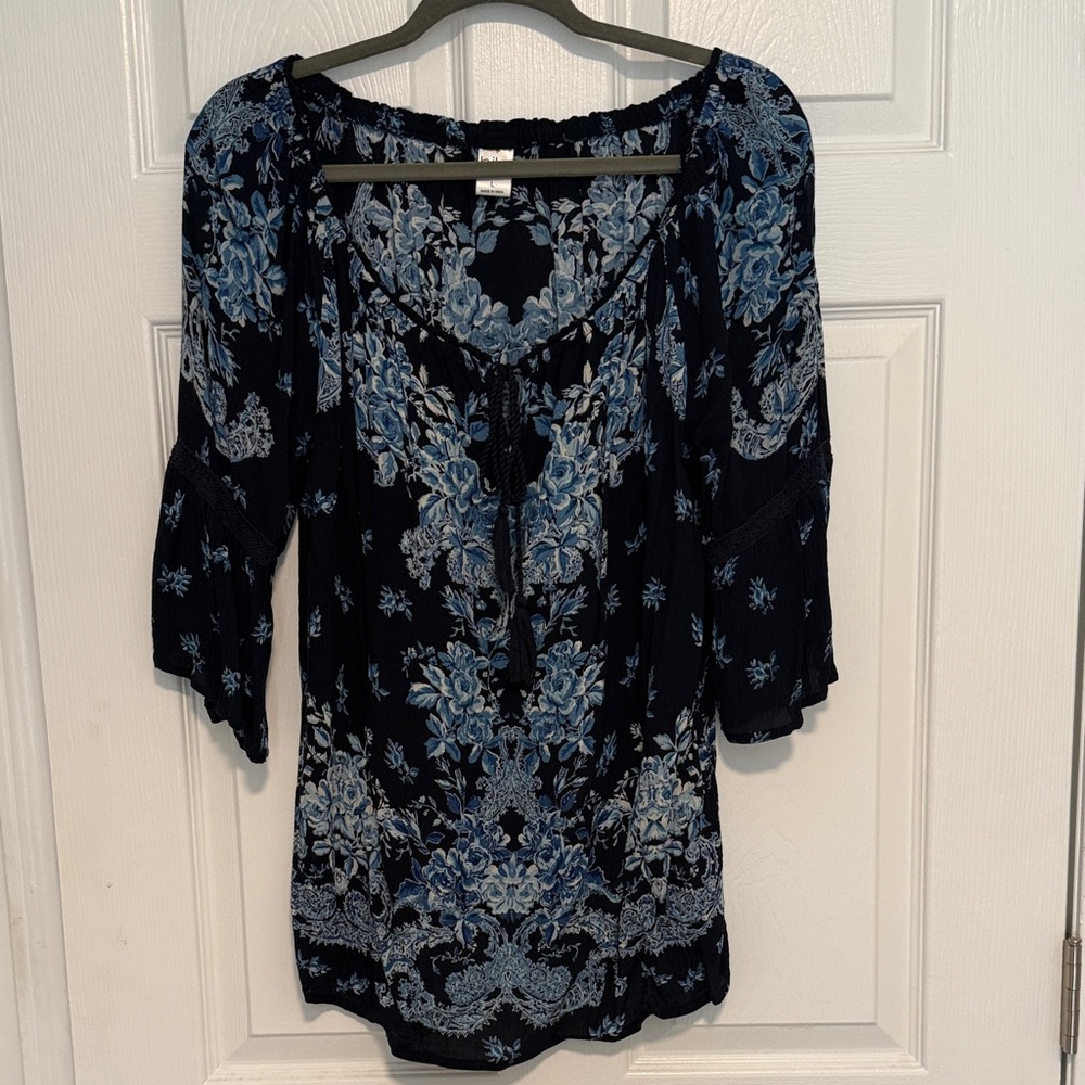 Bila Bohemian Navy Blue Floral Tunic with Tie Neck